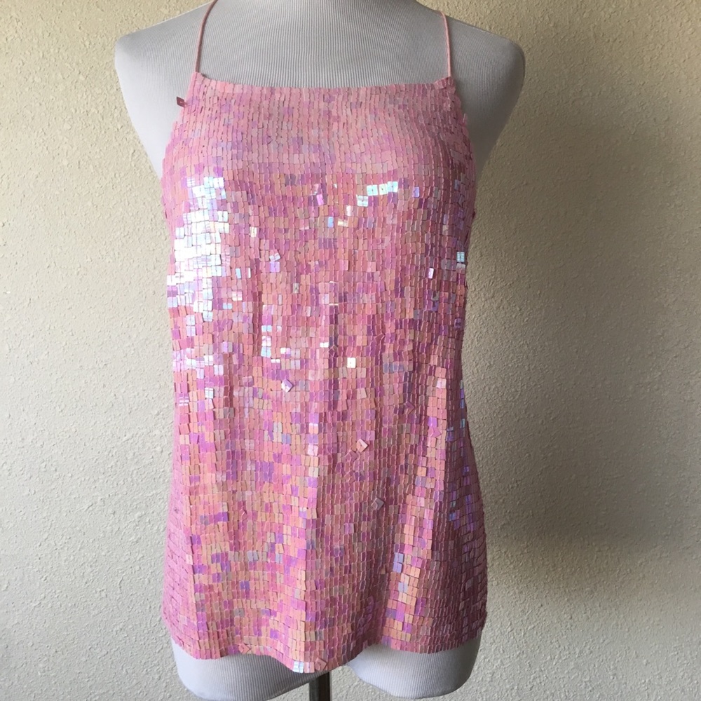 Vtg dkny pink sequins scrappy back top #77